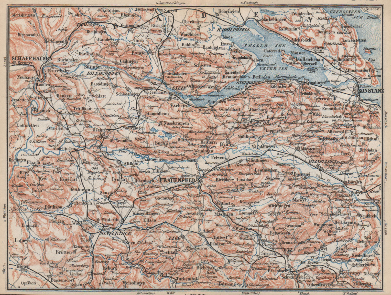 SCHAFFHAUSEN to CONSTANCE. Konstanz Frauenfeld Zeller See Unter See 1889 map